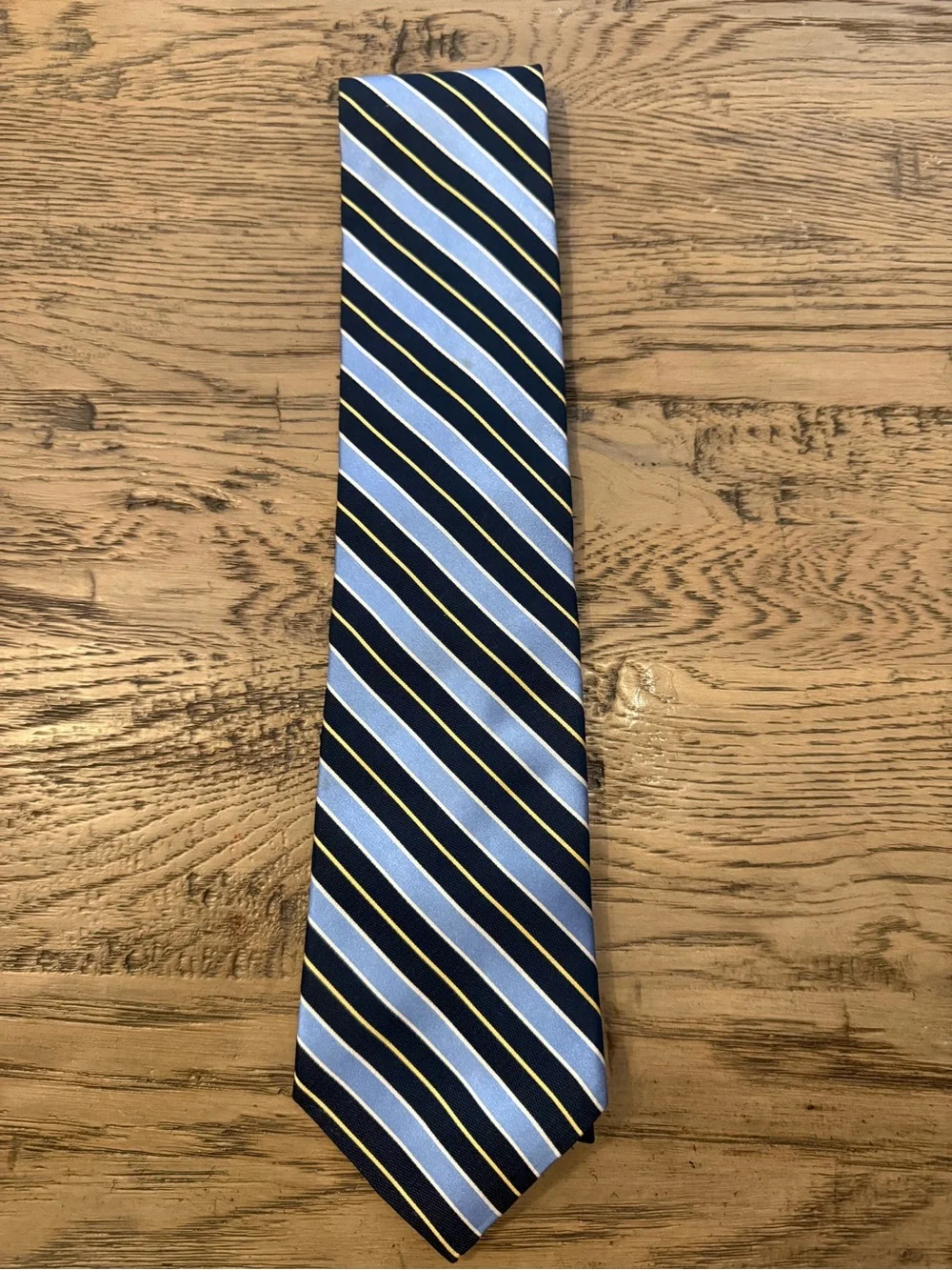 Tommy Hilfiger Navy and Light Blue Striped Silk Tie with Yellow Accents